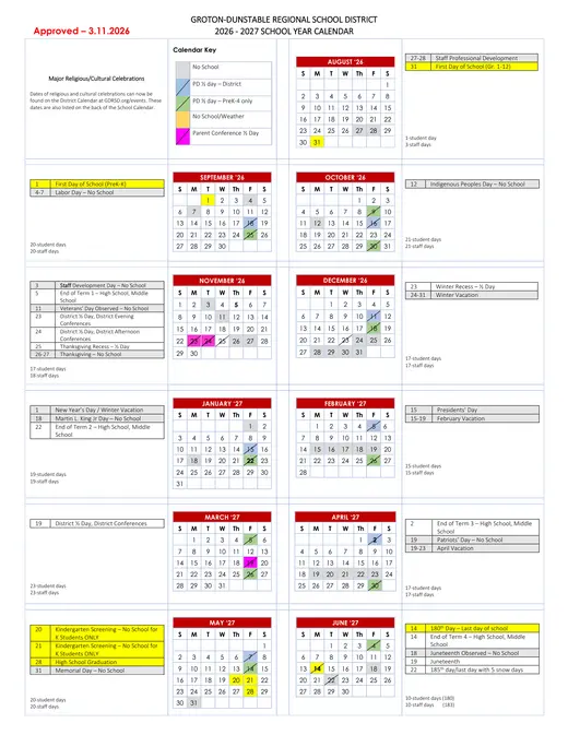 Groton-Dunstable Regional School District 2026–2027 Academic Calendar Page 1