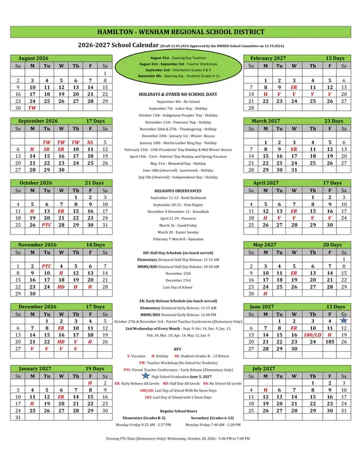 Hamilton - Wenham Regional School District 2026–2027 Academic Calendar