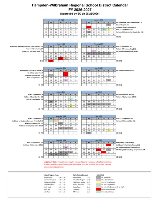 Hampden-Wilbraham Regional School District 2026–2027 Academic Calendar Page 1