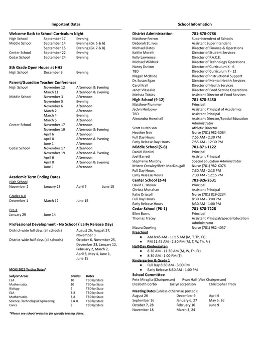 Hanover Public Schools 2026–2027 Academic Calendar Page 2