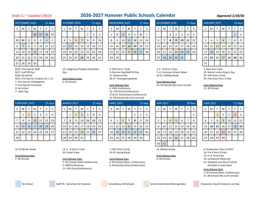 Hanover Public Schools 2026–2027 Academic Calendar Page 1