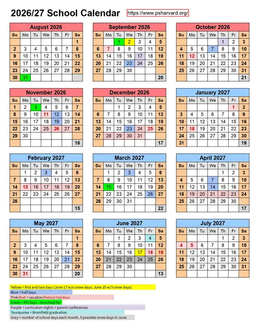 Harvard Public Schools 2026–2027 Academic Calendar