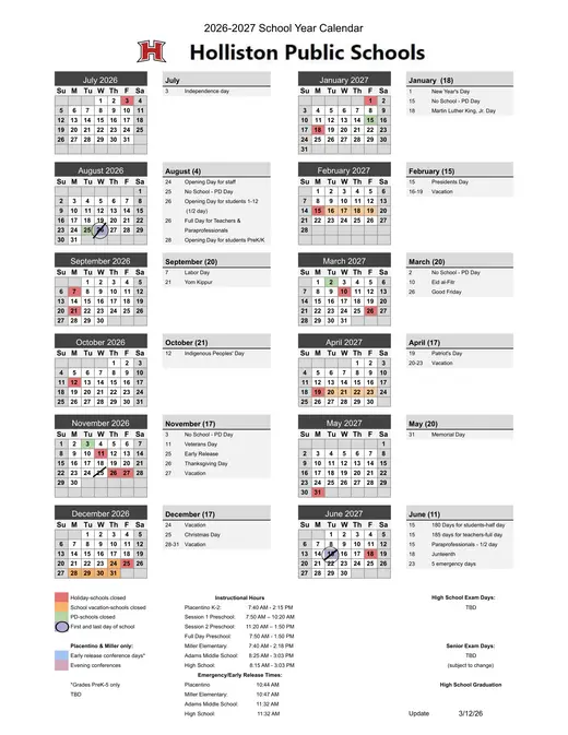 Holliston Public Schools 2026–2027 Academic Calendar Page 1