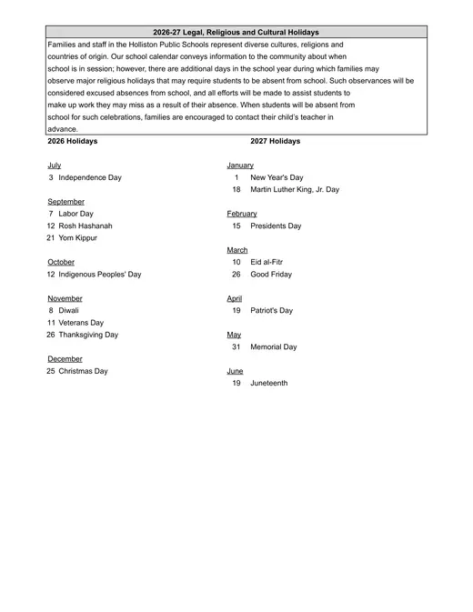 Holliston Public Schools 2026–2027 Academic Calendar Page 2