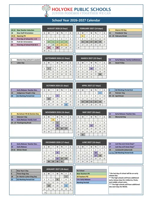 Holyoke Public Schools 2026–2027 Academic Calendar