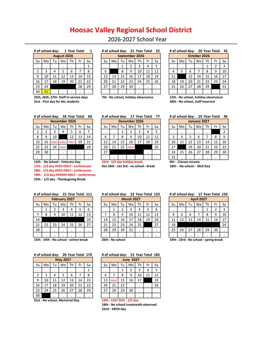 Hoosac Valley Regional School District 2026–2027 Academic Calendar Page 1