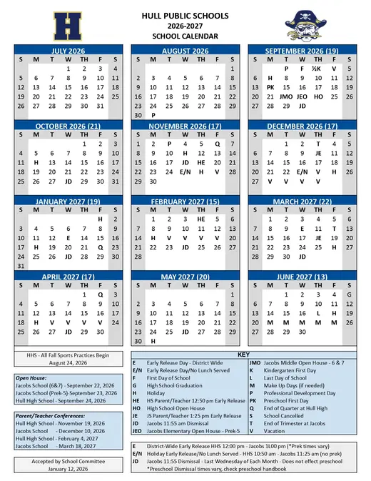 Hull Public Schools 2026–2027 Academic Calendar Page 1