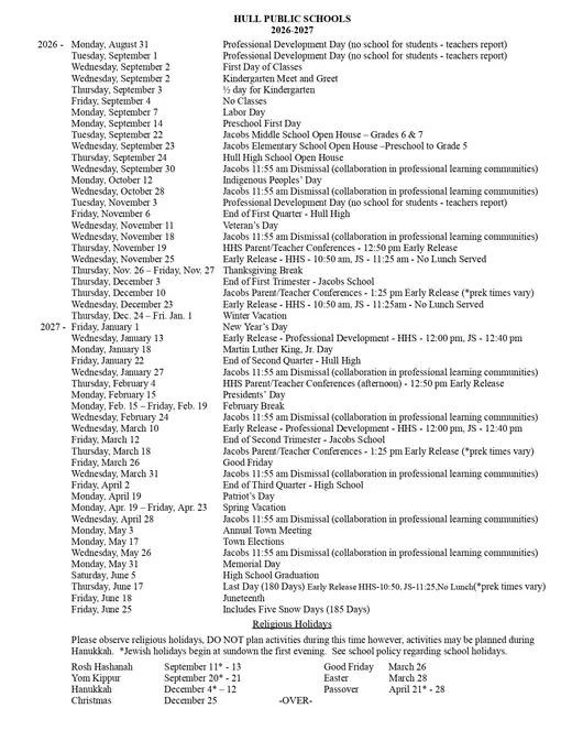 Hull Public Schools 2026–2027 Academic Calendar Page 2