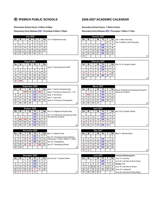 Ipswich Public Schools 2026–2027 Academic Calendar