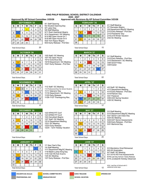 King Philip Regional School District 2026–2027 Academic Calendar Page 1