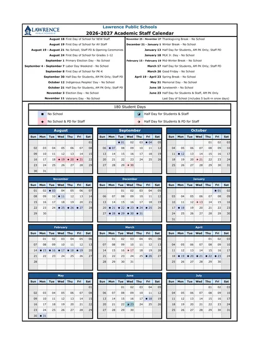 Lawrence Public Schools 2026–2027 Academic Calendar Page 1