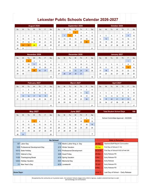 Leicester Public Schools 2026–2027 Academic Calendar Page 1