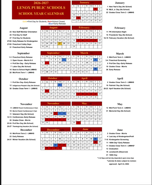 Lenox Public Schools 2026–2027 Academic Calendar Page 2