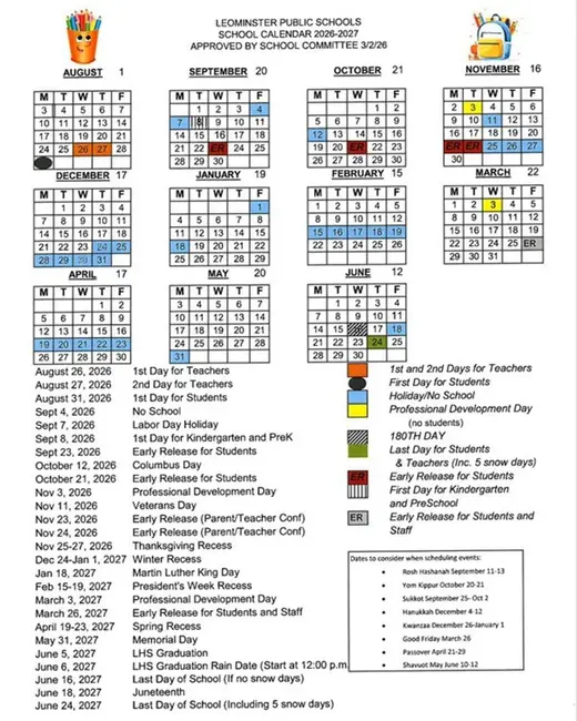 Leominster Public Schools 2026–2027 Academic Calendar Page 1