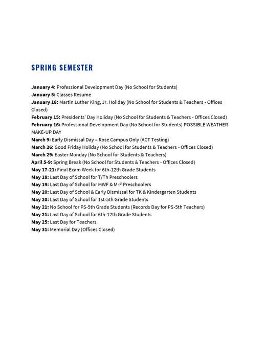 Lexington Christian Academy 2026–2027 Academic Calendar Page 2
