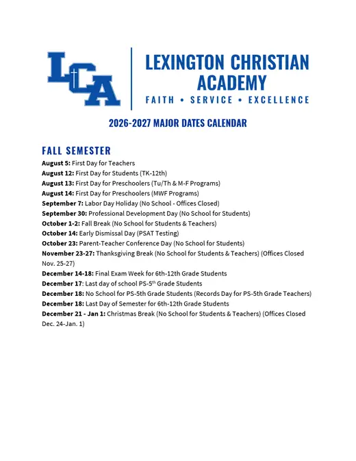 Lexington Christian Academy 2026–2027 Academic Calendar Page 1