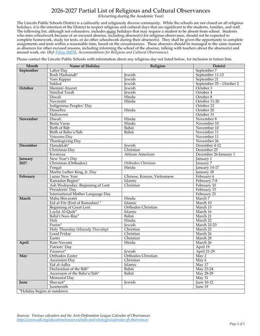Lincoln Public Schools 2026–2027 Academic Calendar Page 2