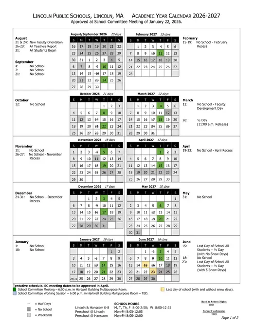 Lincoln Public Schools 2026–2027 Academic Calendar Page 1