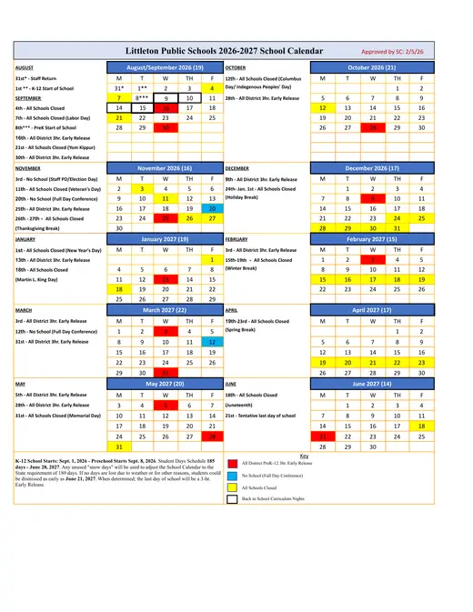 Littleton Public Schools 2026–2027 Academic Calendar Page 1