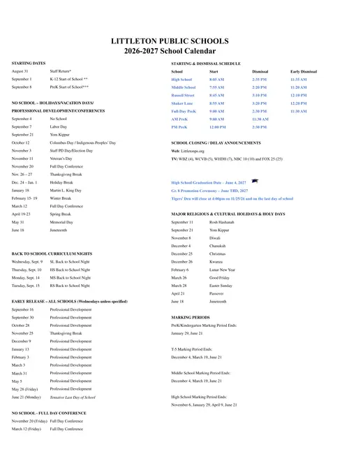 Littleton Public Schools 2026–2027 Academic Calendar Page 2