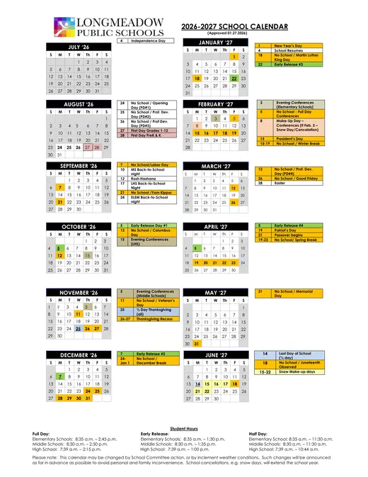 Longmeadow Public Schools 2026–2027 Academic Calendar