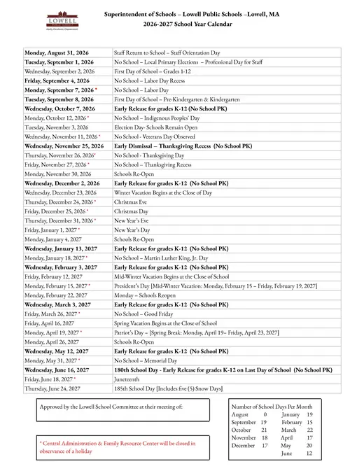 Lowell Public Schools 2026–2027 Academic Calendar