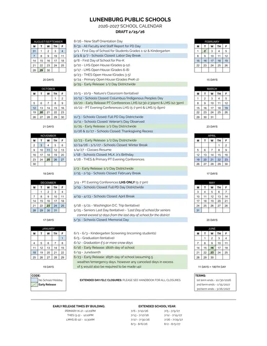 Lunenburg Public Schools 2026–2027 Academic Calendar