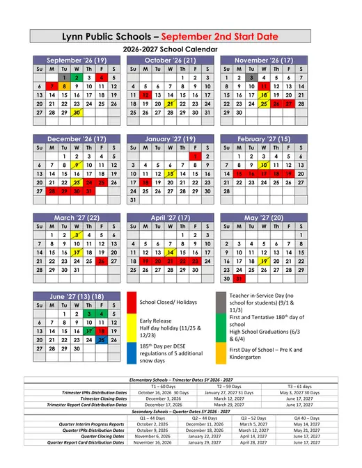 Lynn Public Schools 2026–2027 Academic Calendar Page 1