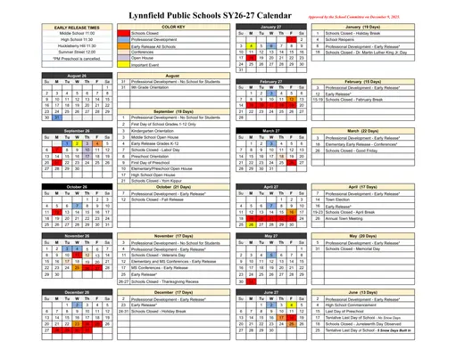 Lynnfield Public Schools 2026–2027 Academic Calendar Page 1