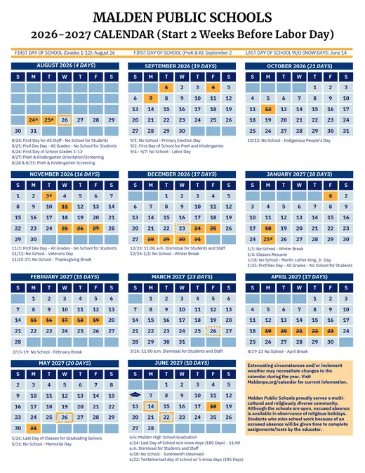 Malden Public Schools 2026–2027 Academic Calendar Page 1