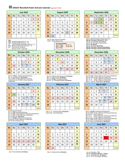Mansfield Public Schools 2026–2027 Academic Calendar