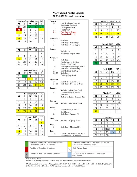 Marblehead Public Schools 2026–2027 Academic Calendar