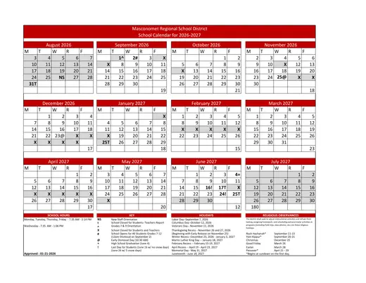 Masconomet Regional School District 2026–2027 Academic Calendar Page 1