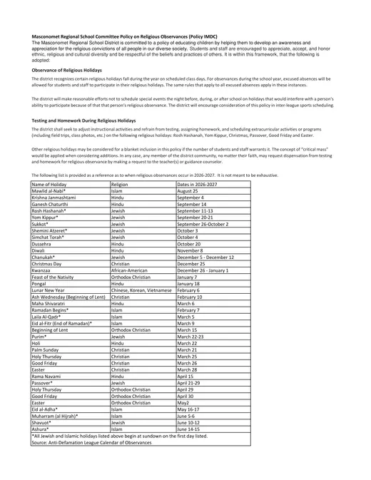 Masconomet Regional School District 2026–2027 Academic Calendar Page 2