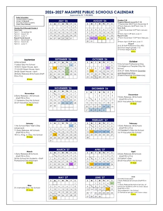 Mashpee Public Schools 2026–2027 Academic Calendar