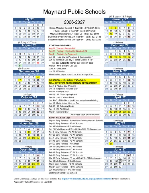 Maynard Public Schools 2026–2027 Academic Calendar Page 1