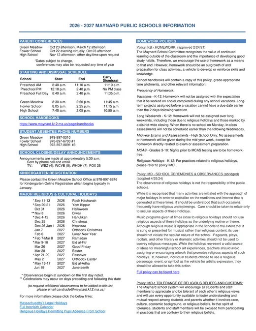 Maynard Public Schools 2026–2027 Academic Calendar Page 2