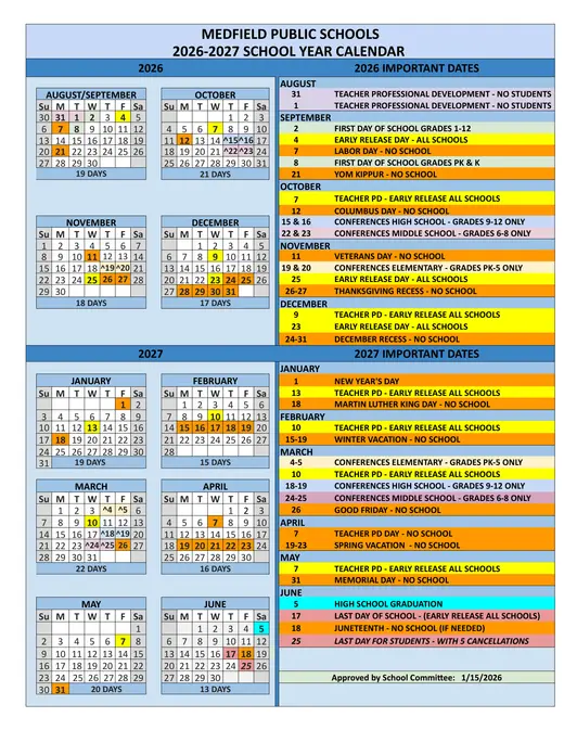 Medfield Public Schools 2026–2027 Academic Calendar Page 1