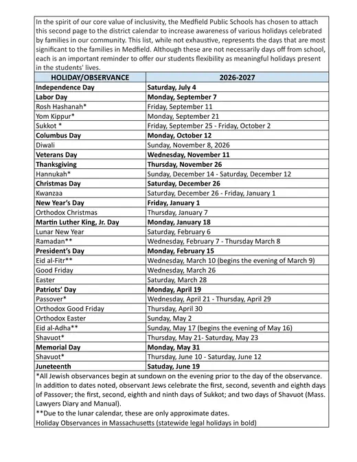 Medfield Public Schools 2026–2027 Academic Calendar Page 2