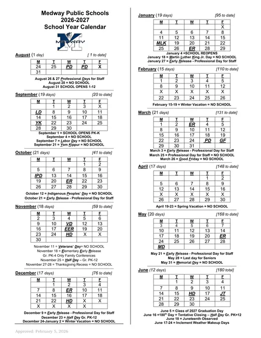 Medway Public Schools 2026–2027 Academic Calendar Page 1
