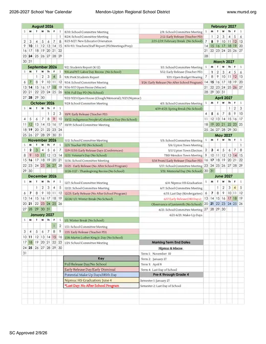 Mendon-Upton Regional School District 2026–2027 Academic Calendar