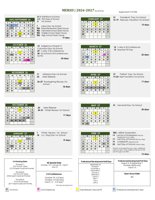 Mersd 2026–2027 Academic Calendar