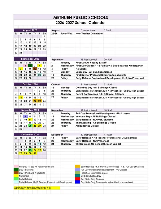 Methuen Public Schools 2026–2027 Academic Calendar Page 1