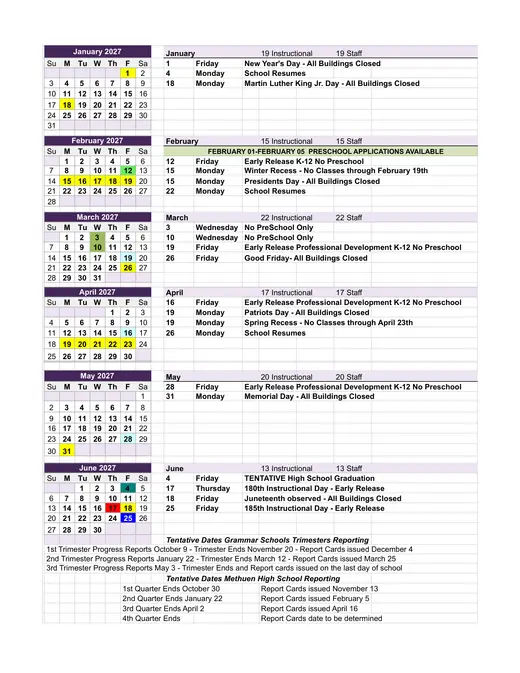 Methuen Public Schools 2026–2027 Academic Calendar Page 2