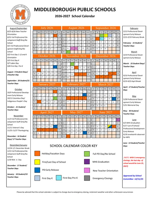 Middleborough Public Schools 2026–2027 Academic Calendar