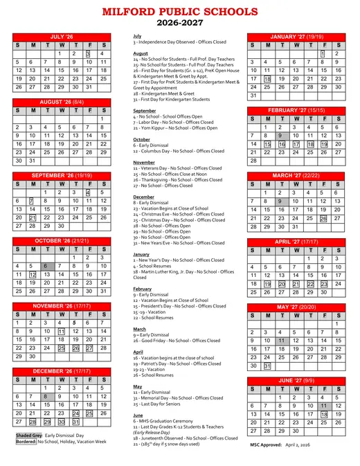 Milford Public Schools 2026–2027 Academic Calendar Page 1