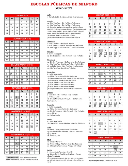 Milford Public Schools 2026–2027 Academic Calendar Page 2