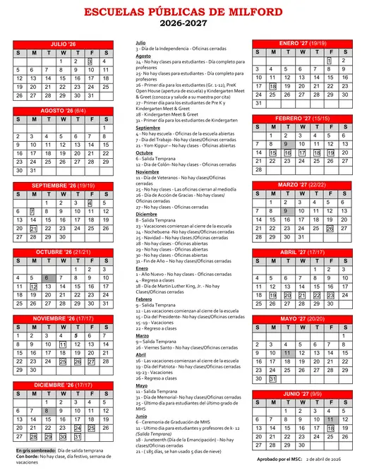 Milford Public Schools 2026–2027 Academic Calendar Page 3
