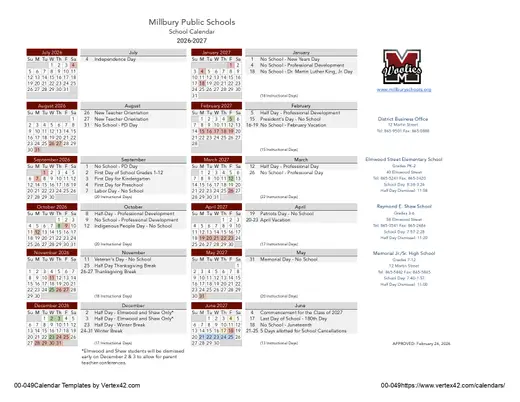 Millbury Public Schools 2026–2027 Academic Calendar