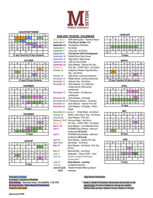 Millis Public Schools 2026–2027 Academic Calendar